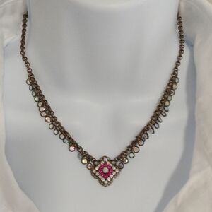 Kenny Ma San Francisco Antiqued Gold Tone Choker Necklace Pink Clear Rhinestone